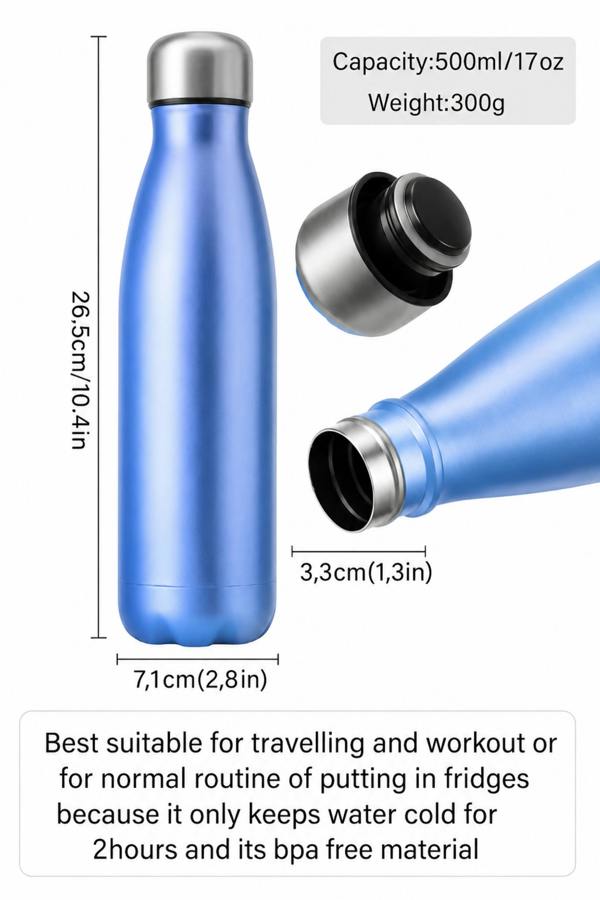 Dyzi 500ml Stainless Steel Water Bottle Leak Proof BPA Free Blue