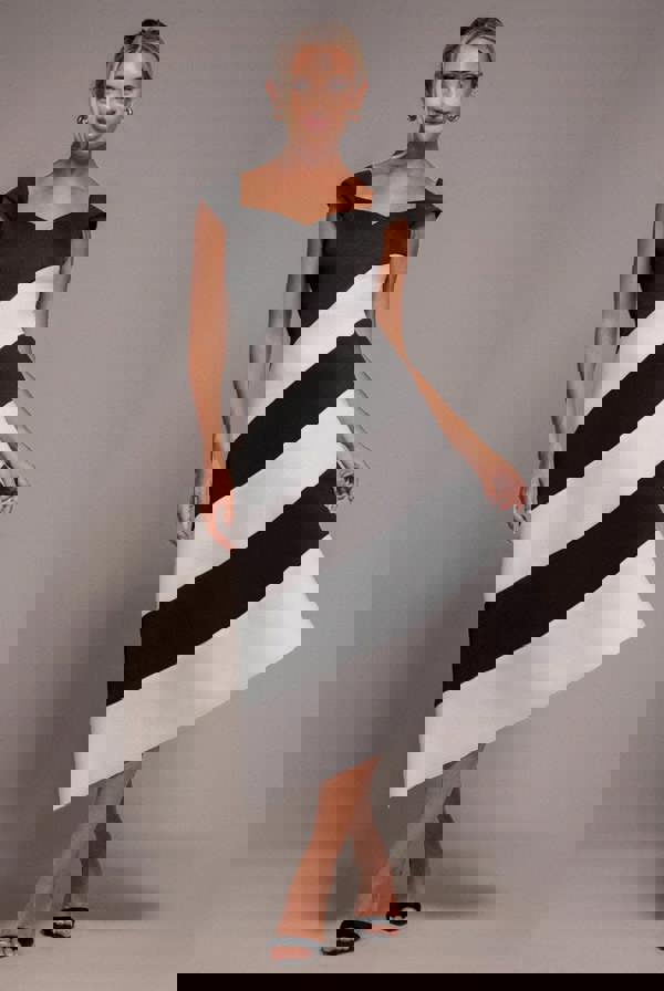 Striped Contrast Asymmetric Midi Dress - Black Cream DR4947