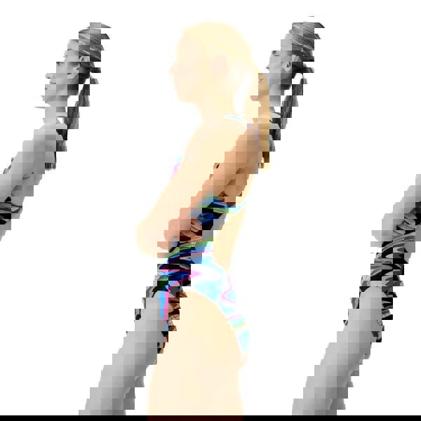 Speedo Club Training Printed Leaderback Swimsuit in black multi with wave pattern