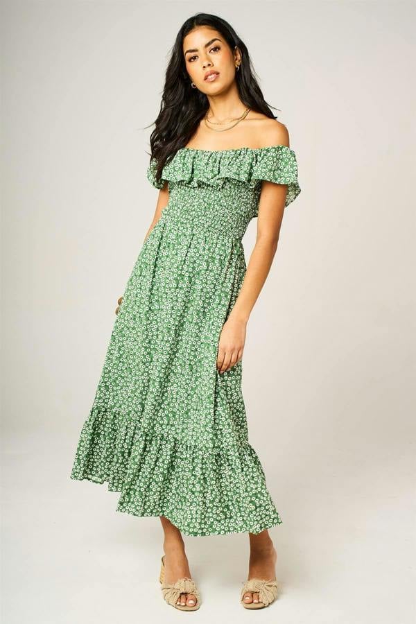 FS Collection Little Floral Print Hem Frill Detail Bardot Midi Dress In Green
