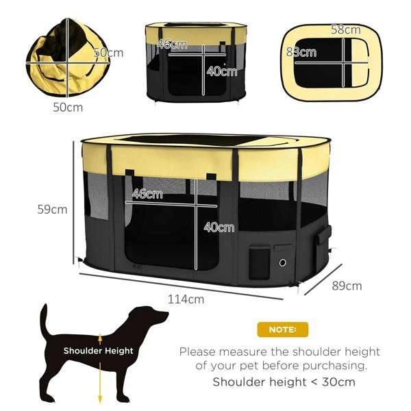 Foldable dog playpen with black mesh panels and visible size dimensions