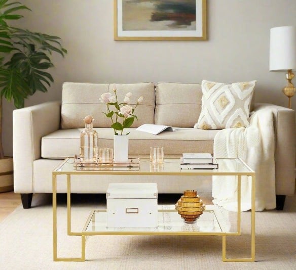 Modcraft Modern Glass Coffee Table with Storage – Gold Steel Frame, Tempered Glass Shelves