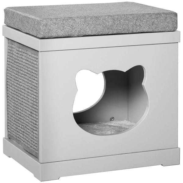 Grey cushioned cat house cube with cat-shaped entry opening and textured side scratch pads