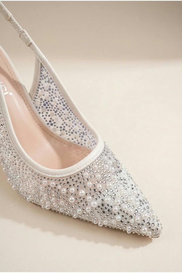 Saoirse Embellished Mesh Pointed Toe Heels - White