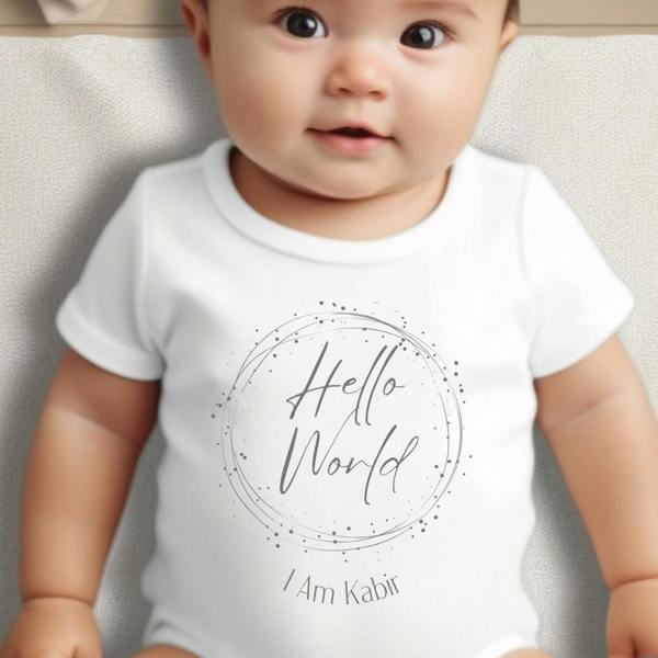 Personalised Hello World Baby Grow, Vest or Bib with Name
