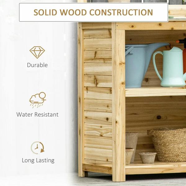 Solid wood potting bench with side panel framing and open storage shelves.