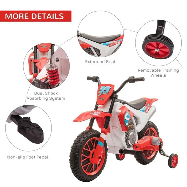 Kids electric motorcycle ride-on with extended seat, dual shock system, and removable training wheels