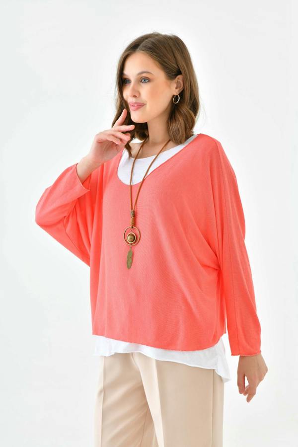 Hoxton Gal Oversized Long Sleeve Layered Blouse With Necklace in Coral and White