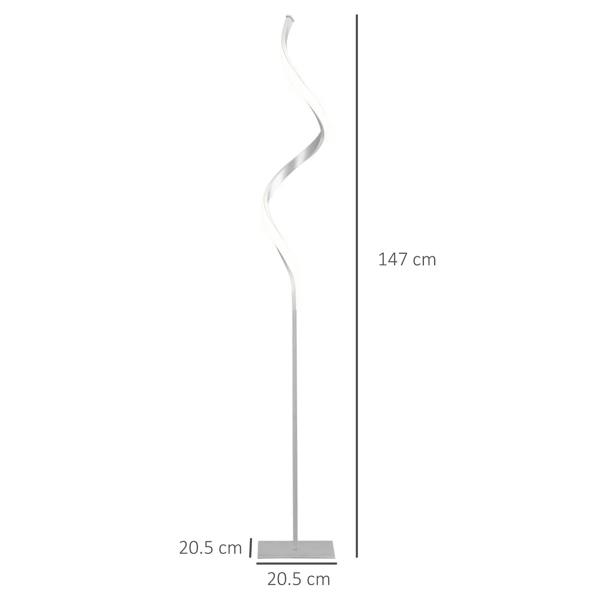Silver spiral LED floor lamp with square base and height dimensions shown