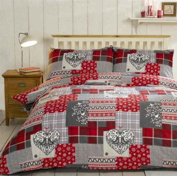 Alpine Patchwork Duvet Cover Set  100% Brushed Cotton - Red - Single