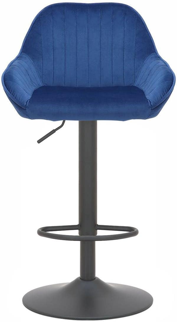 Lamboro Velluto Kitchen & Breakfast Bar Stool, Velvet Padded Seat & Backrest, Matt Black Footrest, Height Adjustable Swivel Gas Lift, Blue