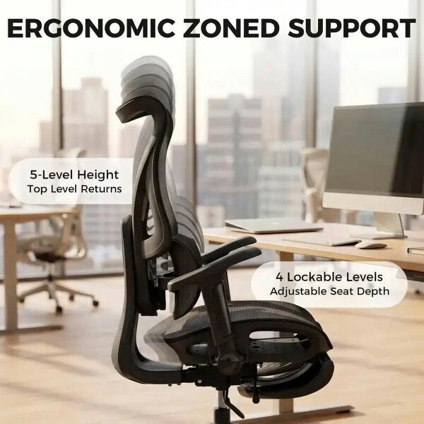 Ergonomic Office Chair with Lumbar Support, Mesh Reclining Desk Chair with Footrest, Adjustable High Back, Black