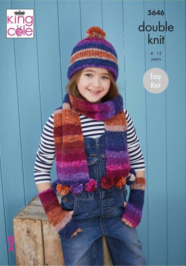 King Cole Bramble DK Knitting Pattern 5646, Headwear, Gloves, Scarves for Kids, 4 - 12 Years - Easy