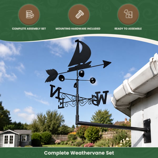 Boat Steel Weathervane, Black Painted All-Steel Weather Vane With Wall Fixings and 1.7m Ground Spike, Wind Speed Cups