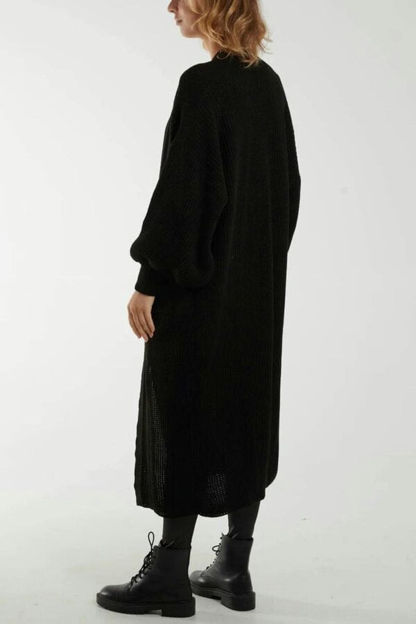 Hoxton Gal Oversized Long Sleeves Midi Knitted Cardigan with Pocket Details in Black