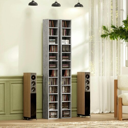 Wyld Haus Loli Wooden Cement Grey Tall Narrow Media Storage Tower With 204 Disc Capacity
