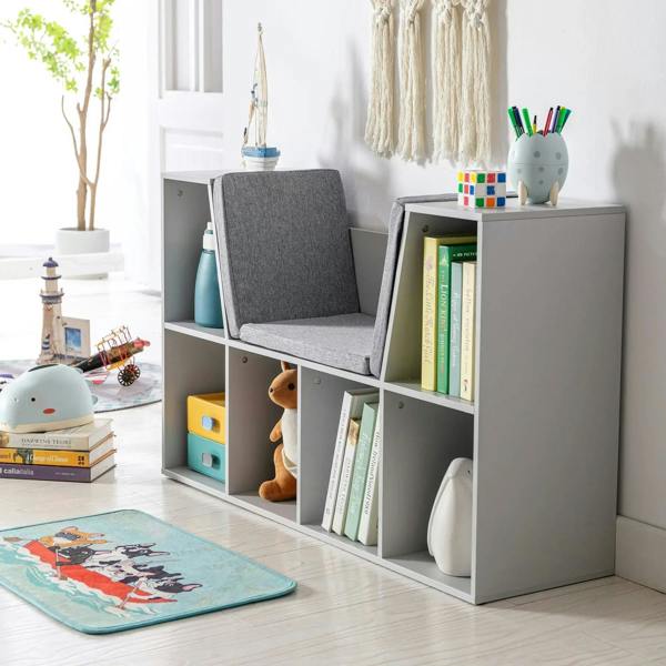 Gray kids storage cabinet with six cubbies and upright fabric backrest panels
