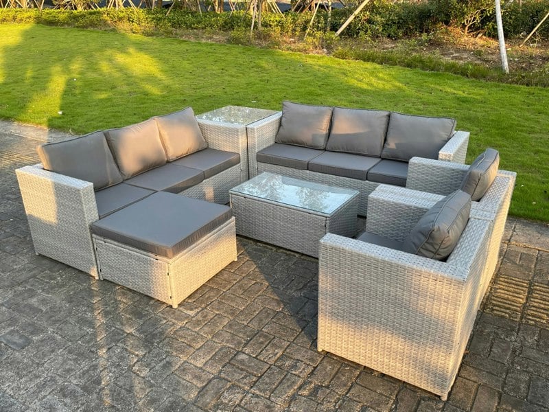 Fimous 9 Seater Light Grey Outdoor PE Rattan Garden Furniture Set Sofa Set Coffee Table Footstool 2 Armchair