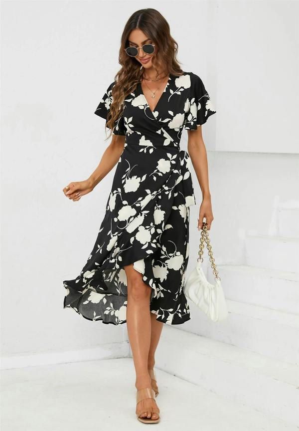 FS Collection Angel Sleeve Wrap Midi Dress In Black