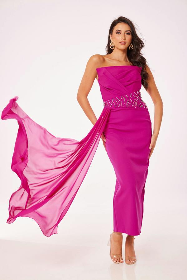 LuvForever Fuschia Strapless Jewelled Drape Midi Dress