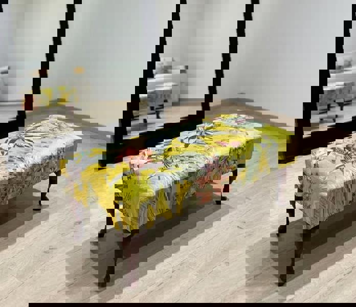 ISTOOLS Premium Zen Floral Footstool Ottoman – Yellow Bird Print Pouffe Footrest for Living Room Decor