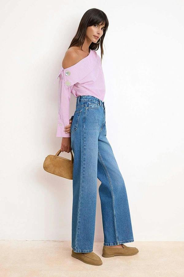WOVCOR Asymmetric Neck Long Sleeve Woven Blouse