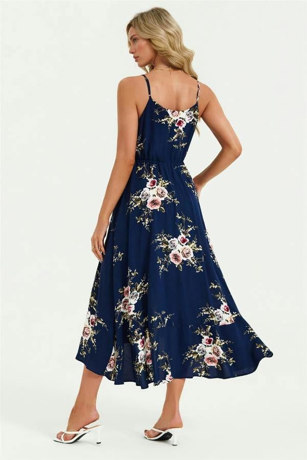 FS Collection Floral Print Button Down High Low Strappy Dress In Navy