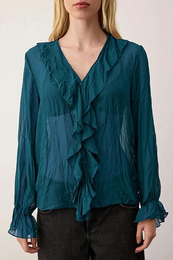 WOVCOR Wrinkled-Look Chiffon Transparent Shirt