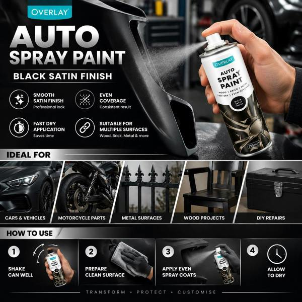Overlay 3X Overlay Satin Black Auto Professional Spray Paint 250ml