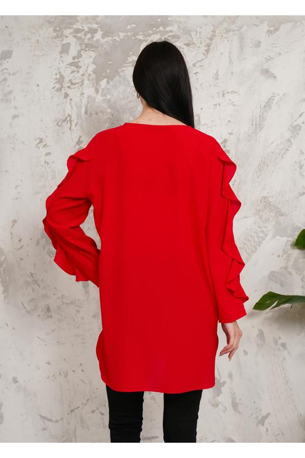 Hoxton Gal Oversized Long Ruffle Sleeve Relaxed Fit Tunic in Red