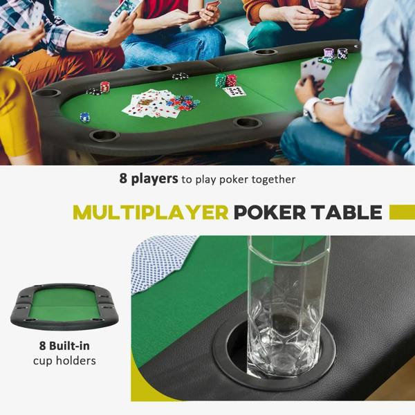 Multipayer poker table with green felt top, built-in cup holders, and black padded side panels