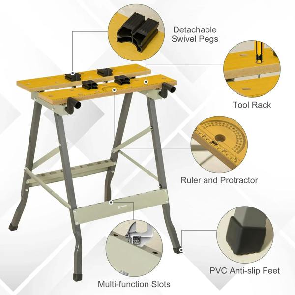 Folding work bench clamp table with detachable swivel pegs, ruler markings, and non-slip feet