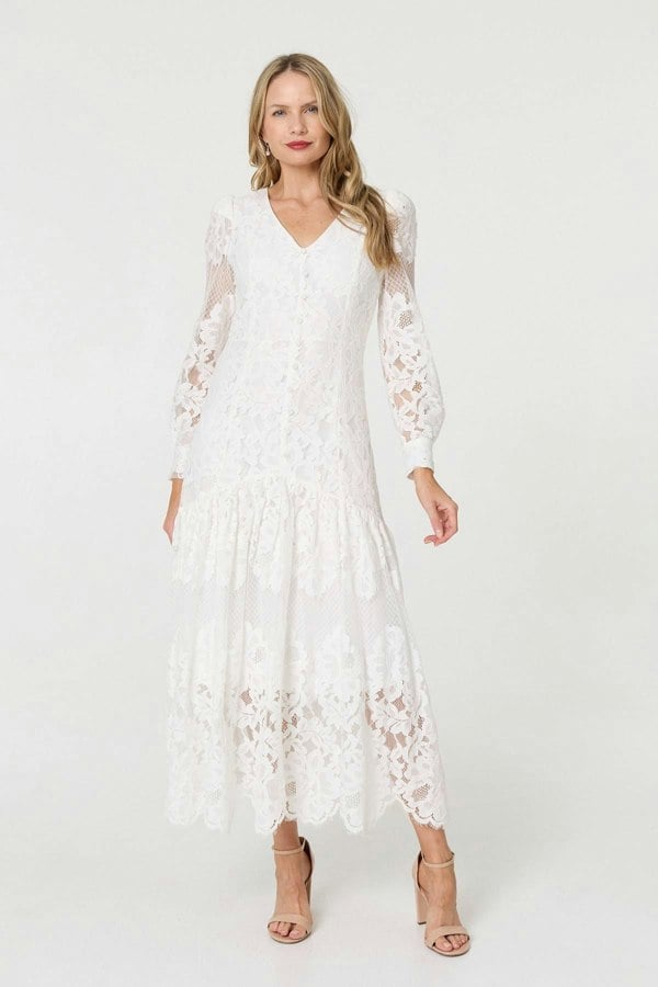 White | Floral Lace Layer Long Sleeve Maxi Dress

