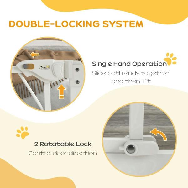 White dog stair gate locking mechanism detail with double-lock system illustration