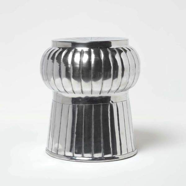 HOMESCAPES Elegant Designer Solid Metal Silver Footstool, MOROCCAN 43 cm High