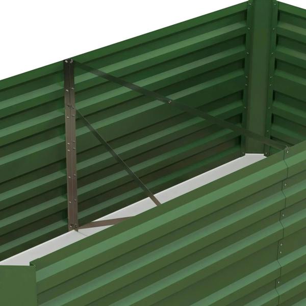 Green raised bed planter interior corner with cross braces and open planting area