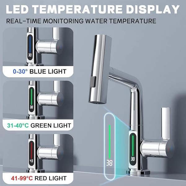 ENER-J Modern Single Hole Basin Faucet with Waterfall, Pull Out Sprayer and LED Temperature Display, Chrome Silver