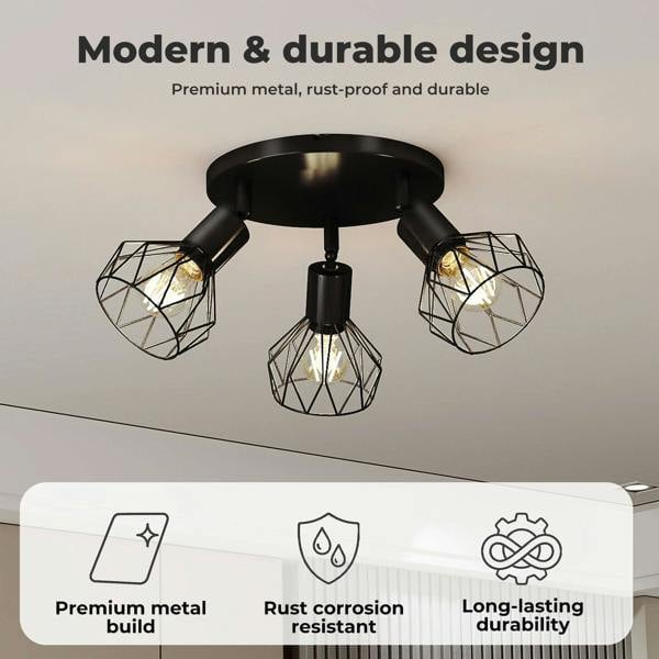 EMITTO 3-Way Spotlight Ceiling Light Adjustable Vintage Black E14 Metal Fixture
