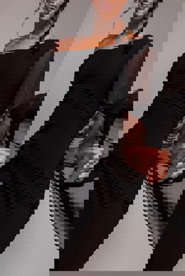 One Shoulder Cape Scuba & Chiffon Maxi Dress - Black DR4899