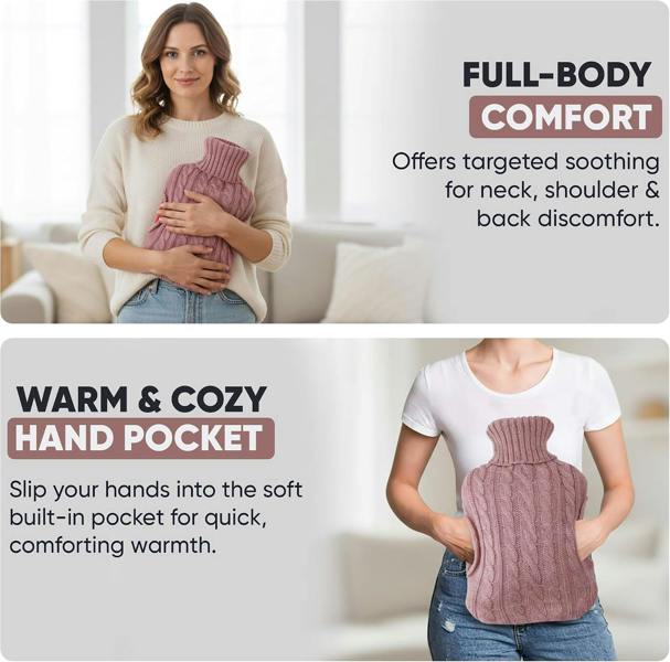 LKH HOME COLLECTION Hot Water Bottle with Cover UK 2L Soft Knitted Washable Cover with hand pockets keeps both hands warm, Leakproof Design
