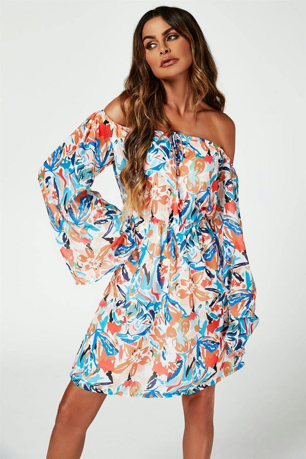 FS Collection Flute Sleeve Bardot Dress With Tie Detail In Orange
