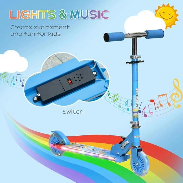 Blue scooter handlebar with switch control panel and two light-up wheels at the base.