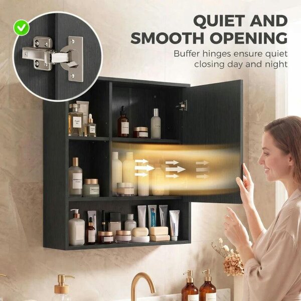 Bathroom Mirror Cabinet, Wall-Mounted Bathroom Cabinet with Mirror Door, Adjustable Shelves, Black