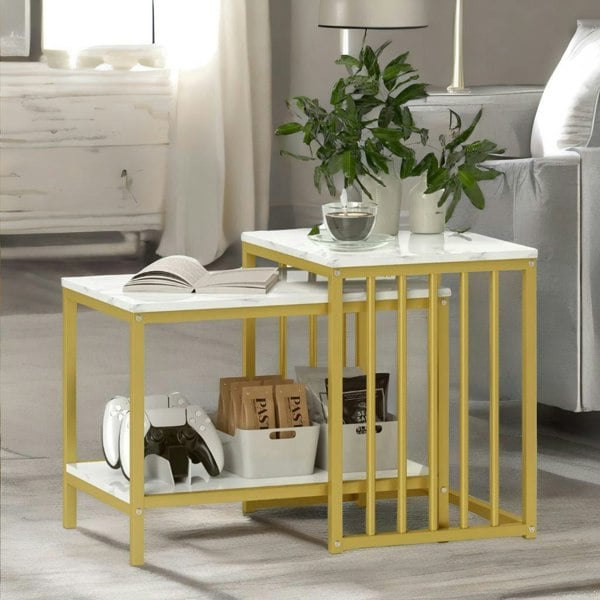Rafaelo Mobilia Set Of 2 Gold Nesting Tables With Faux Marble Top Gold