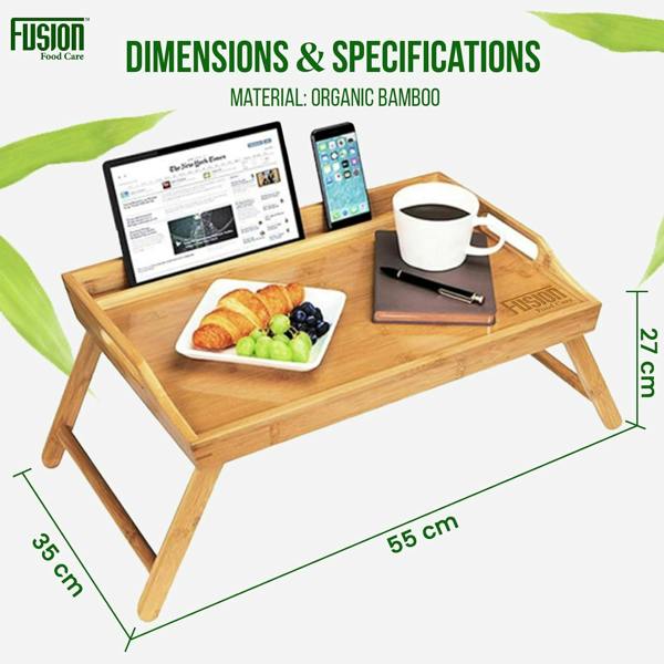 Fusion Food Care Bed Tray Table with Folding Legs – Organic Bamboo & MD Built-in Side Handles Lap Tray for Eating, Reading & Working