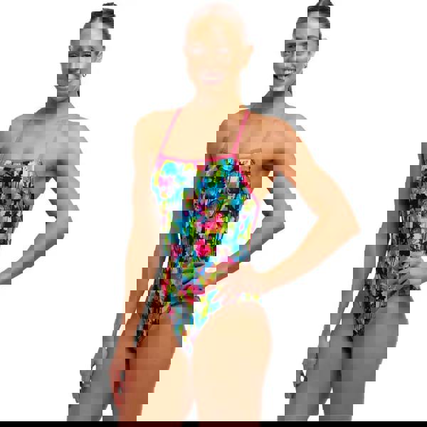 Funkita Blotchy Babe Strapped In black/multi tie-dye one-piece swimsuit