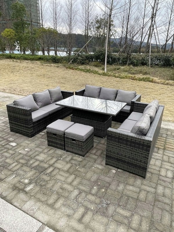 Fimous U Shape?Outdoor Rattan Garden Furniture Sofa Set Lounge Adjustable Rising Lifting Tables Footstool Dark Grey Mixed