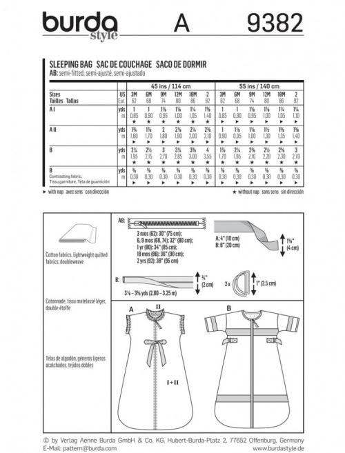 Burda Sewing Pattern 9382 Onesies, Onesies and Pyjamas For Babies, 3m-2 - Easy