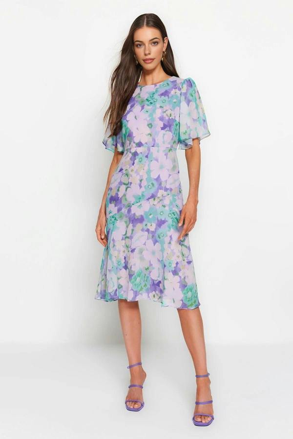 WOVCOR Floral Patterned A-Line Lined Midi Woven Dress
