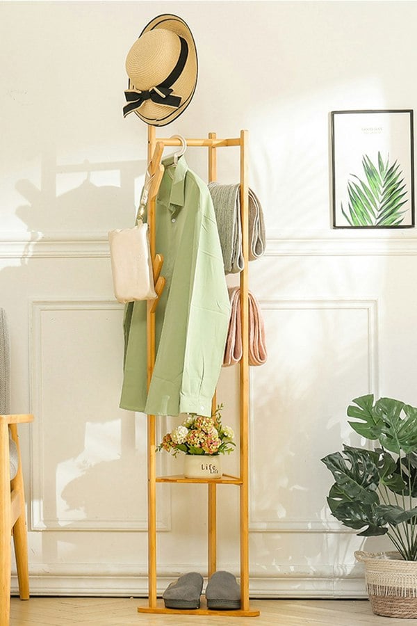 Living and Home Bamboo Clothes Rack Coat Stand Standing Tree for Entryway Bedroom Office Classic Style